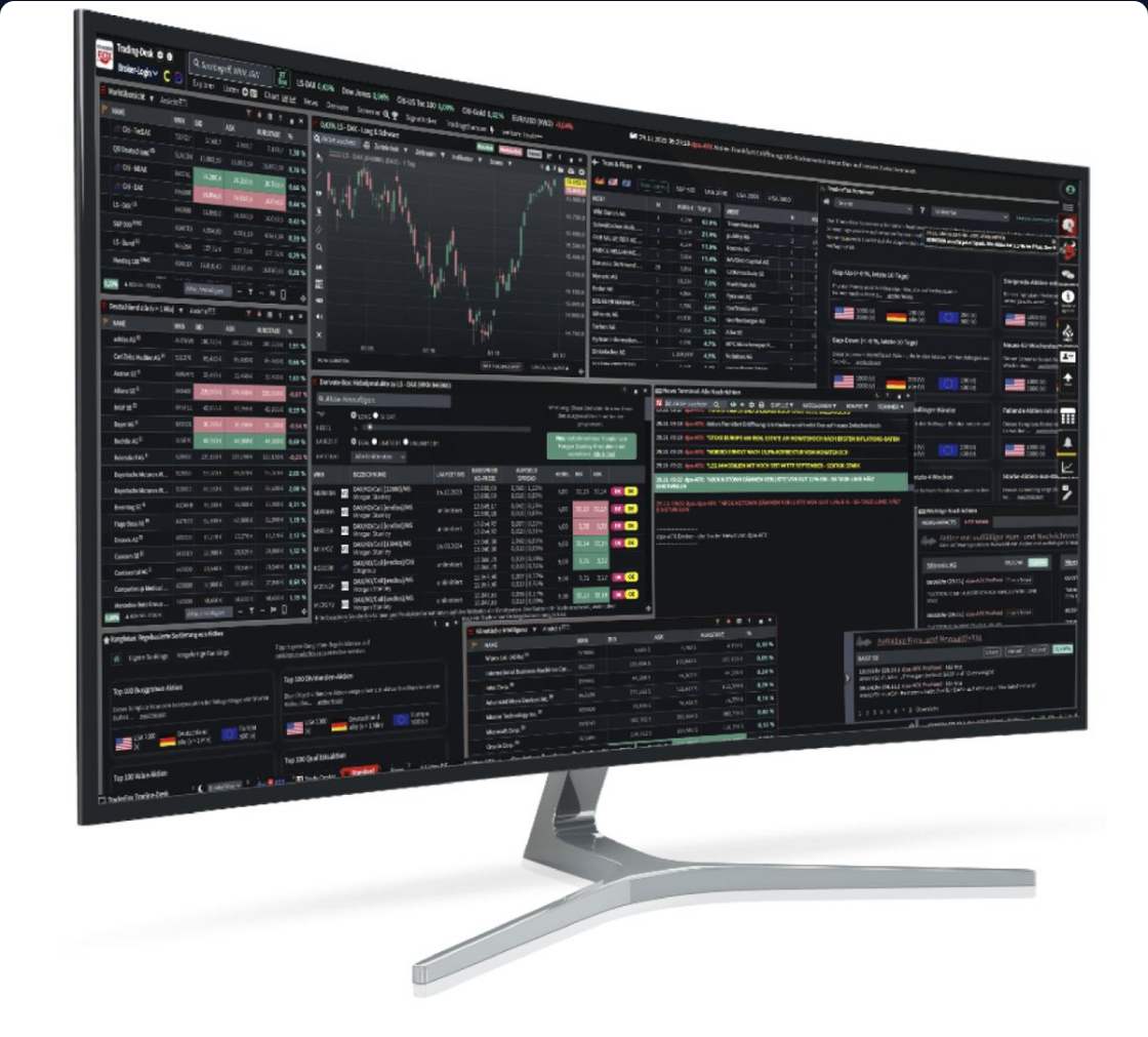 TraderFox Trading-Desk auf einem Monitor: Kursliste, Chart und Screening-Oberfläche